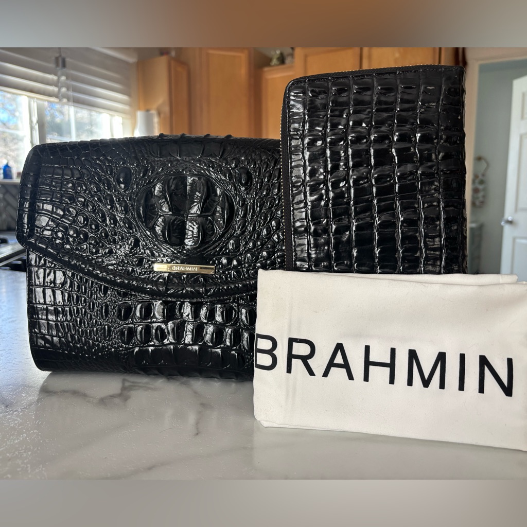 Brahmin Jacquelyn Black Melbourne And Matching Travel Wallet Set